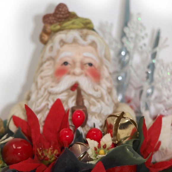 Holiday Floral Arrangement In Vintage Red Mug, vintage Santa Claus figurine - Picture 8 of 10
